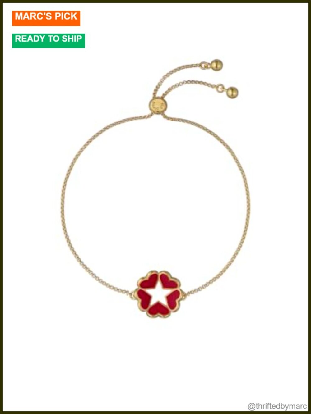 Gold Plated Brass Adjustable Charm Bracelet with Enamel Heart Star